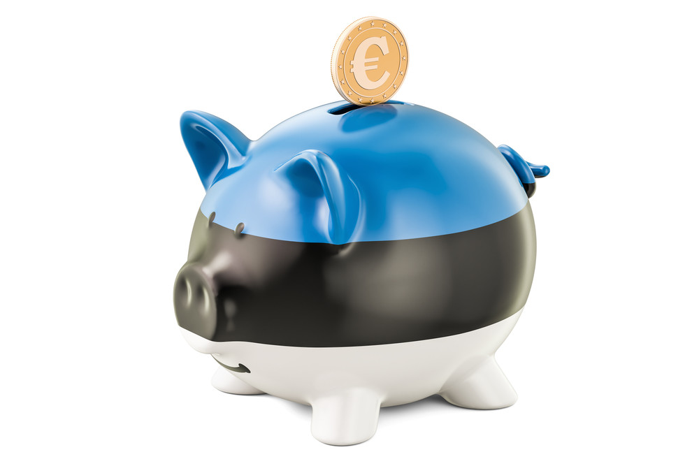 A piggy bank in Estonian tricolour colours; photo by Shutterstock.
